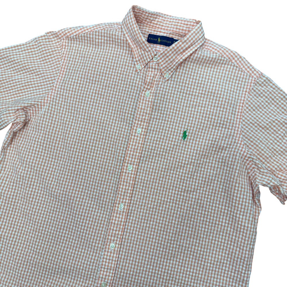 Ralph Lauren Button Down Mens XL Orange Gingham Seersucker Short Sleeve Pony